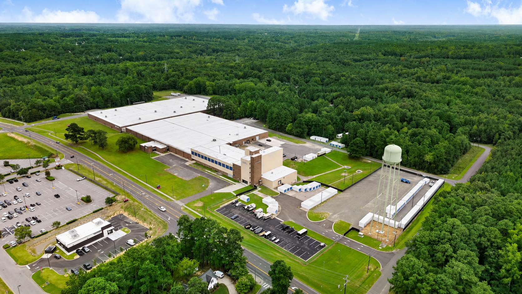 Creedmoor Business Park from the air, looking along NC Hwy 56 past the water tower