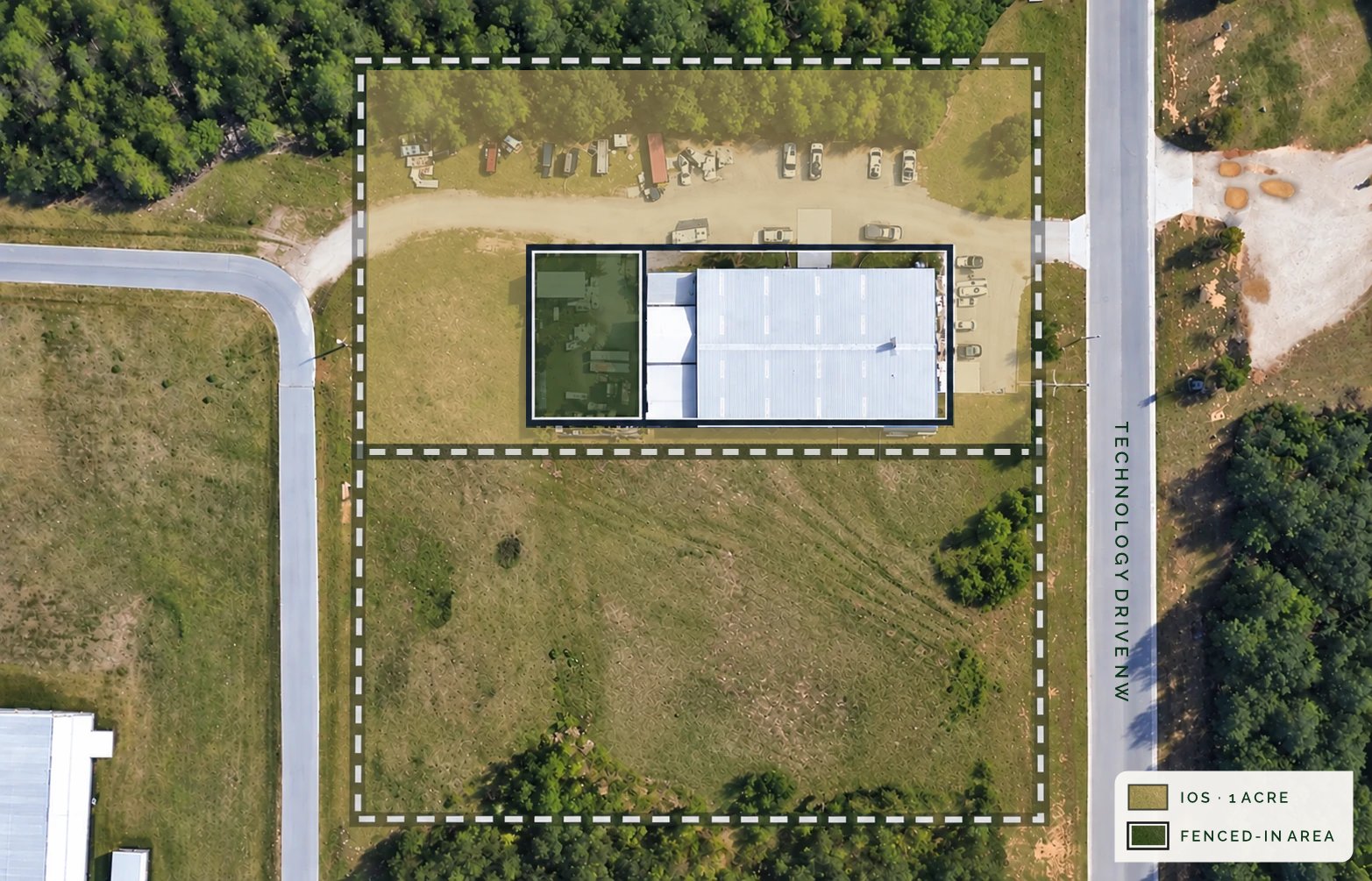 Aerial site map of 4475 Technology Drive NW: a dashed outline around the parcel, split by a dashed line just below the building. The top half, shaded gold, is the 1-acre industrial outdoor storage (IOS) area around the building, which has a shaded fenced-in area at one end. Technology Drive NW runs along the east side, and a key identifies the IOS and fenced-in areas.