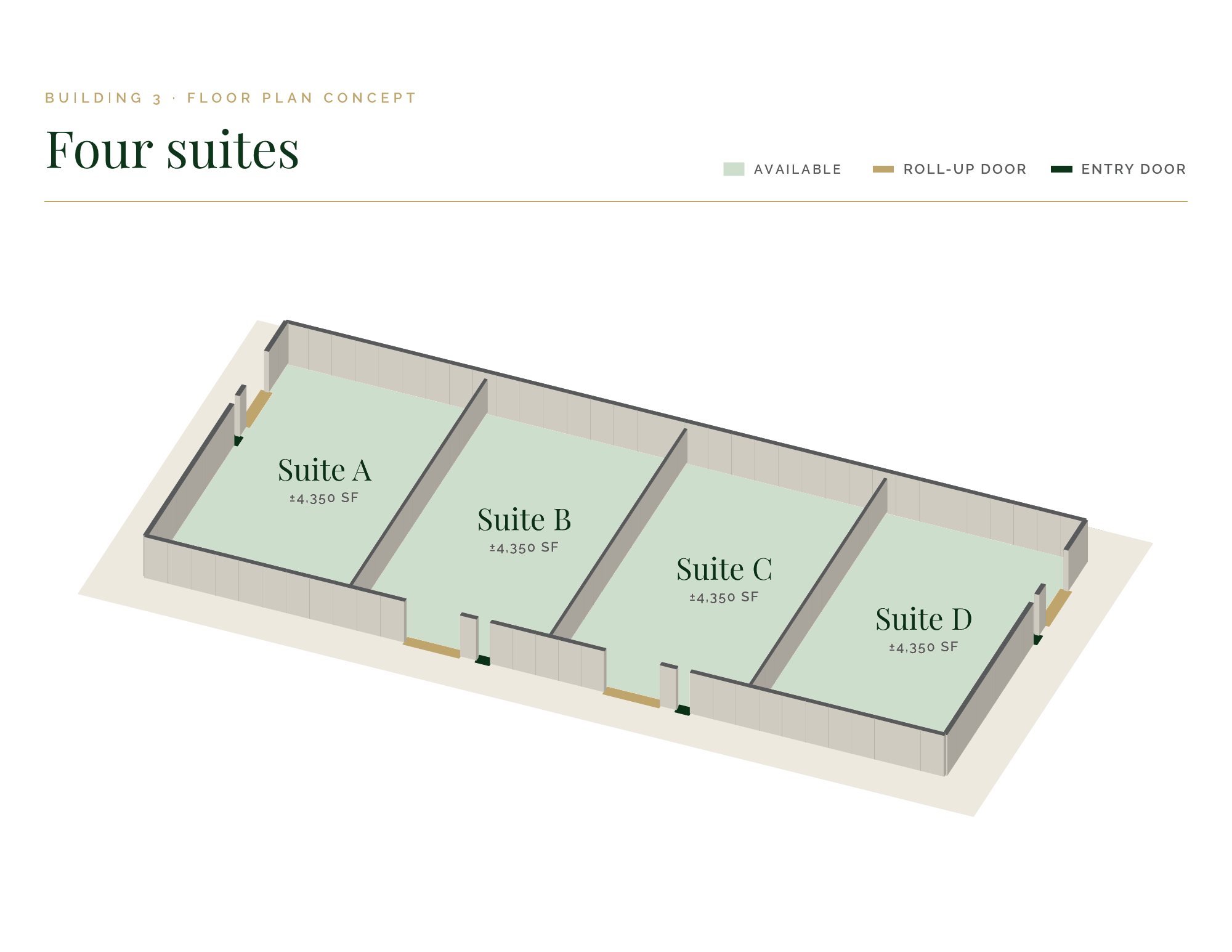 Building 3 proposed floor plan at 6863 NC-56, every suite shaded green as available: four suites, A through D, of about 4,350 SF each